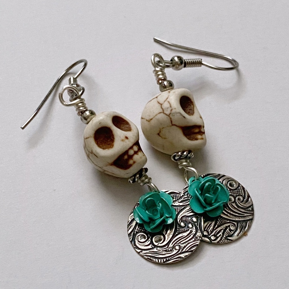 Stone Skulls & Turquoise Roses Dangle Earrings